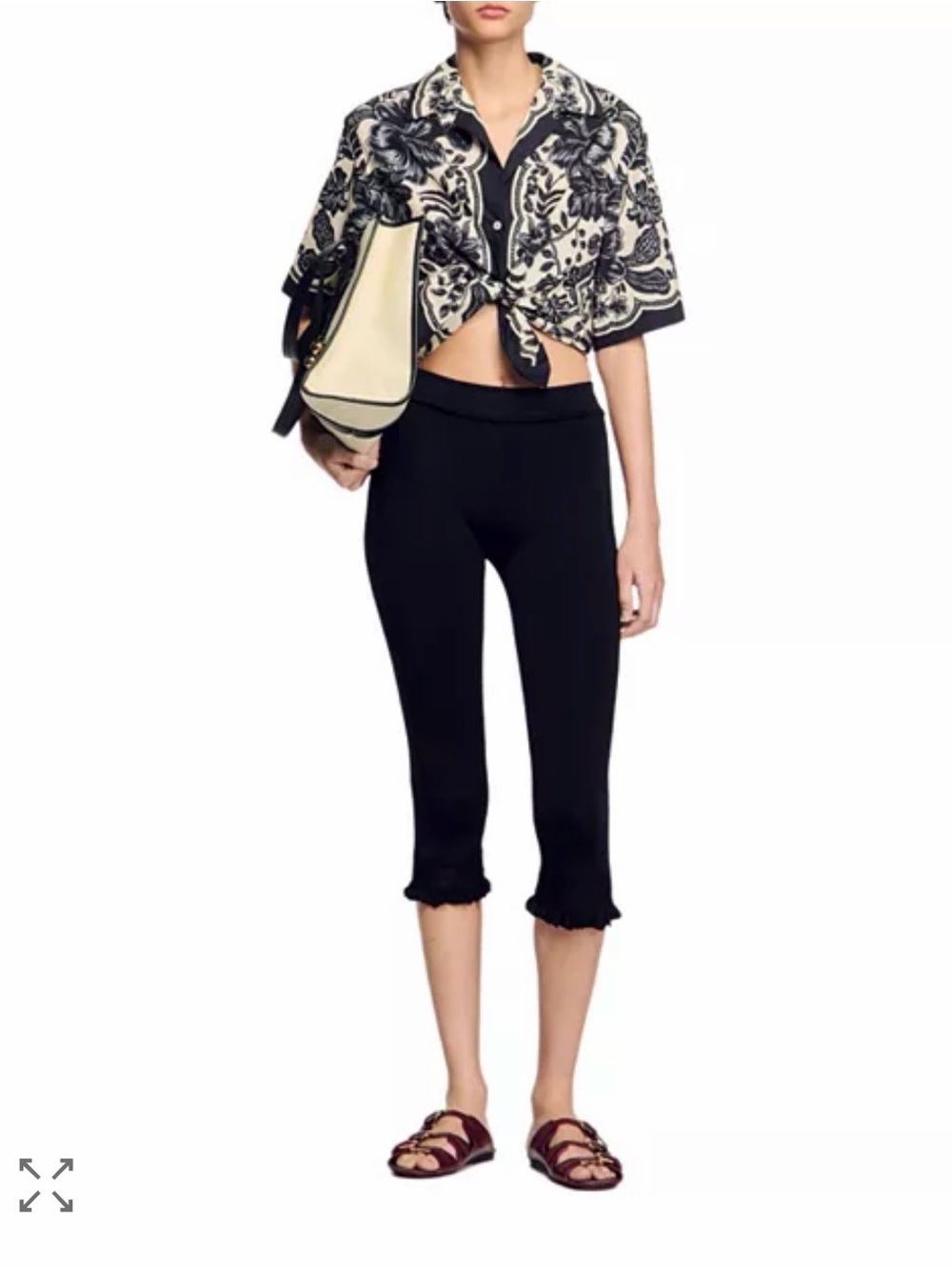 Sandro Perrine floral-print shirt ecru black colorway size 0 XS vacation